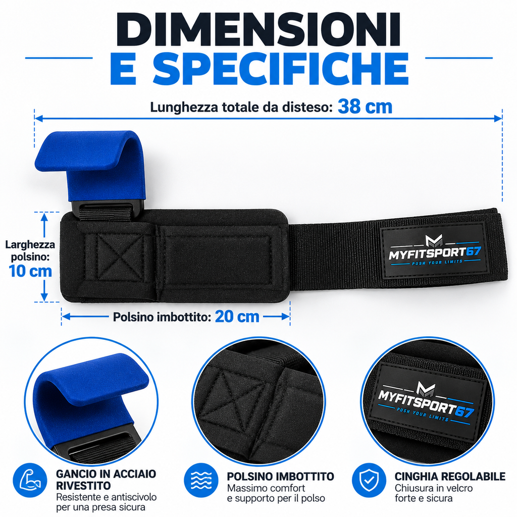 MYFITSPORT67 GripHook Pro – Ganci per Sollevamento Pesi con Supporto Polso Imbottito