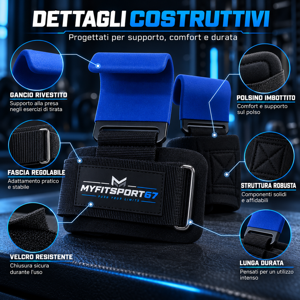 MYFITSPORT67 GripHook Pro – Ganci per Sollevamento Pesi con Supporto Polso Imbottito