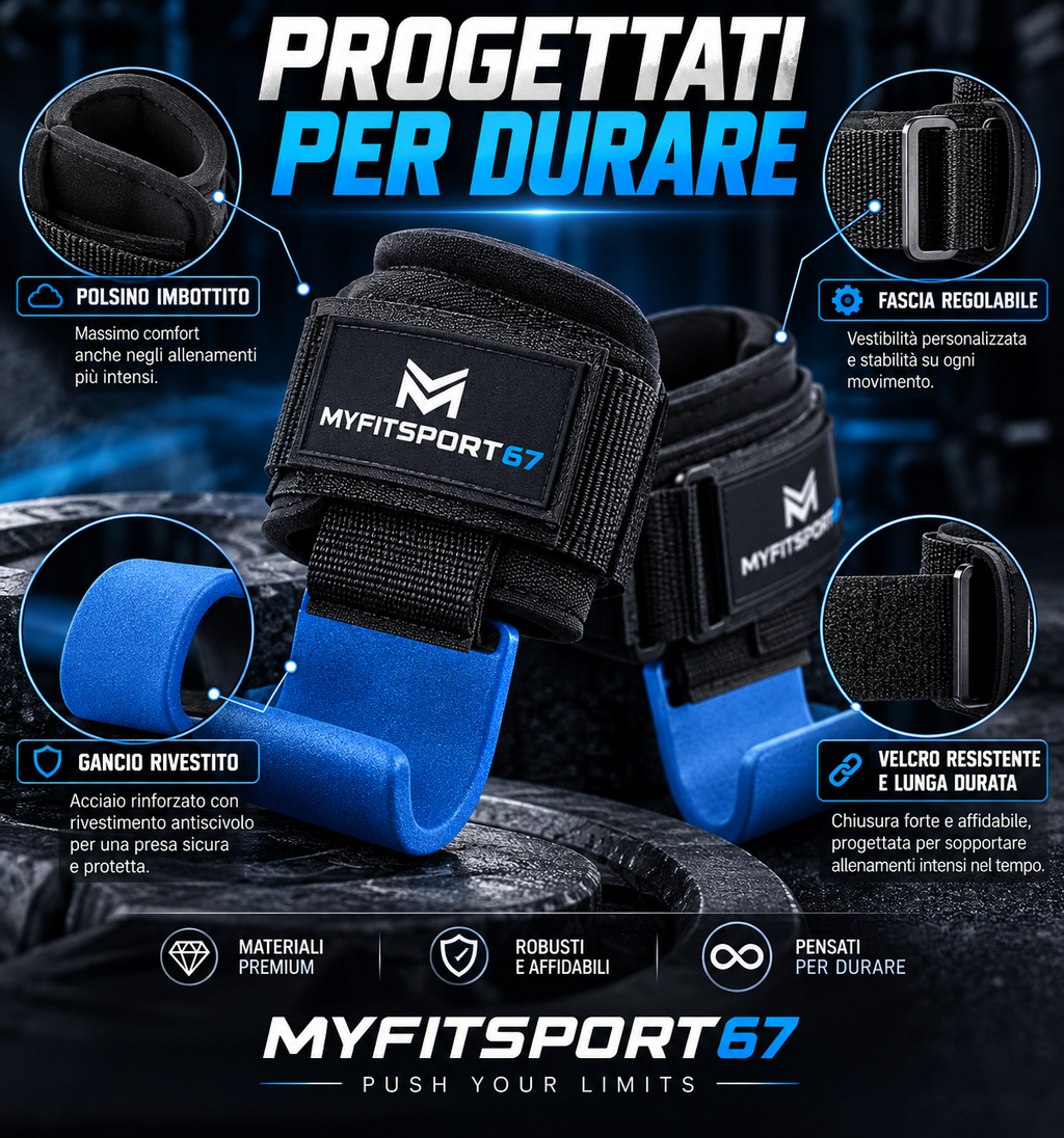 MYFITSPORT67 GripHook Pro – Ganci per Sollevamento Pesi con Supporto Polso Imbottito